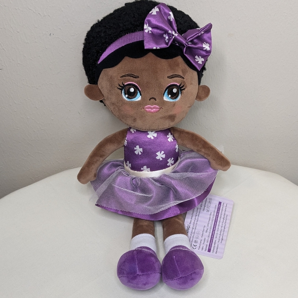 iFroDoll African American Cloth Doll Plush 14” Stuffed Toy Purple Dress Bow